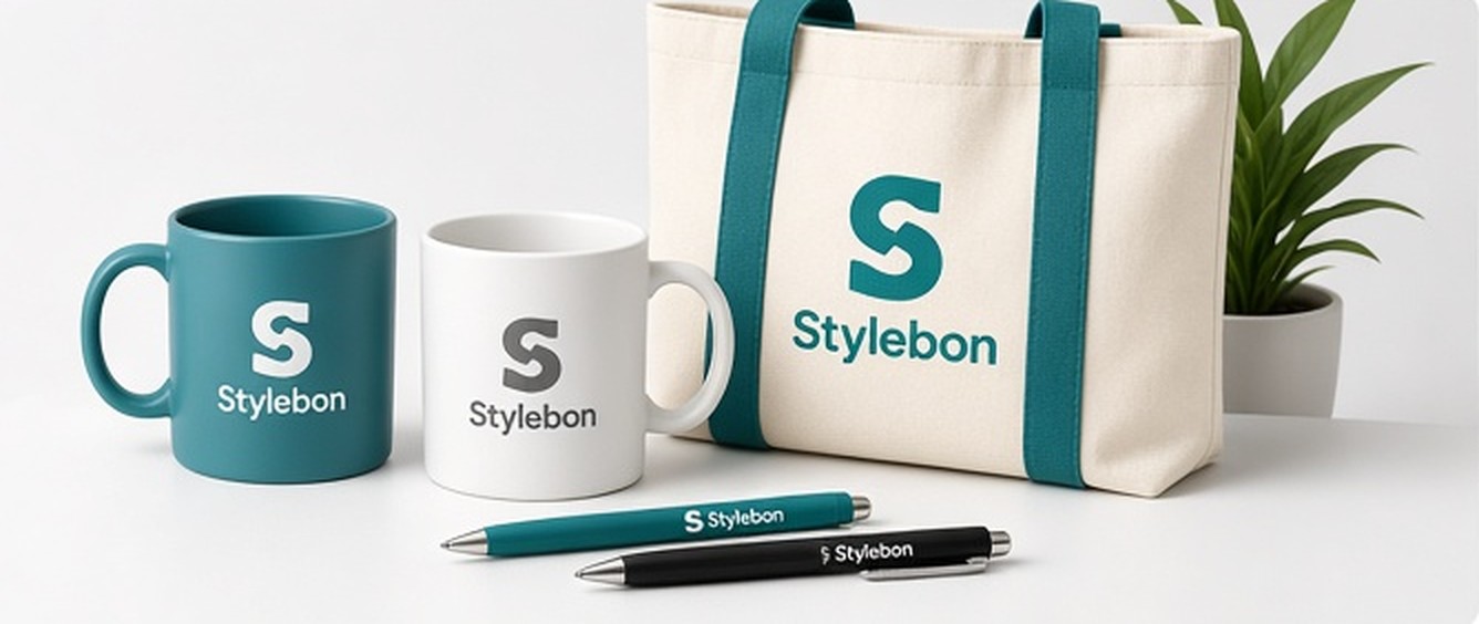 Promotional drinkware, a tote, and pens arranged for a buyer's logo.