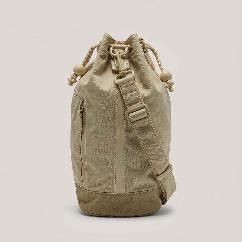 Frontier Bucket Bag, khaki canvas with a drawstring top